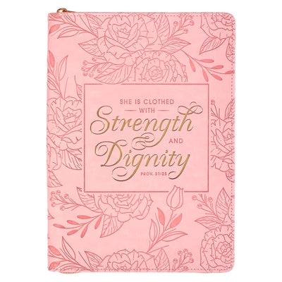 Christian Art Gifts Scripture Journal Pink Strength & Dignity Proverbs 31:25 Bible Verse Inspirational Faux Leather Notebook, Zipper Closure, 336 Rule Leather Christian Art Gifts