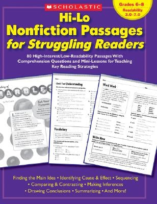 Paperback of Hi-Lo Nonfiction Passages for Struggling Readers by Scholastic Teaching Resources, featuring 80 high-interest, low-readability texts.