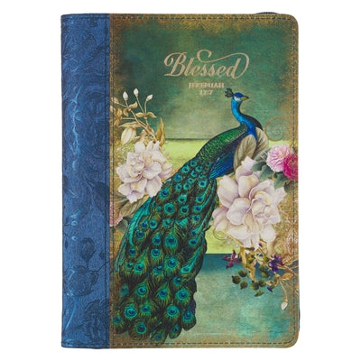 Christian Art Gifts Scripture Journal Blue/Peacock Printed Blessed Jeremiah 17:7 Bible Verse Inspirational Faux Leather Notebook, Zipper Closure, 336 Leather Christian Art Gifts
