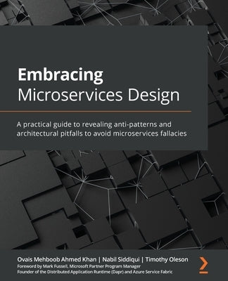 Paperback book titled "Embracing Microservices Design" by Packt Publishing, featuring a cover with architectural illustrations.