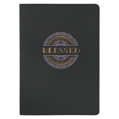 Christian Art Gifts Scripture Journal Blessed Luke 1:45 Bible Verse Inspirational Black Faux Leather Notebook, 336 Ruled Pages, Ribbon Leather Christian Art Gifts