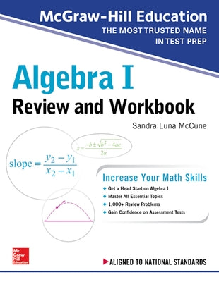Paperback Algebra I review and workbook by McGraw-Hill Companies, featuring math exercises and practice problems.