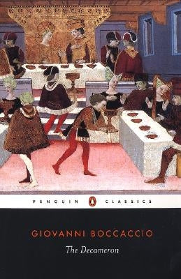 Paperback copy of The Decameron by Penguin Group, featuring the book cover with colorful artwork and title text.