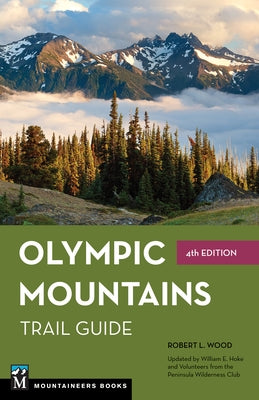 Detailed view of the Olympic Mountains Trail Guide book cover by Mountaineers Books featuring mountain illustrations and trail information.
