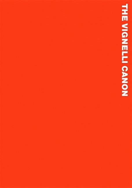 Open book titled The Vignelli Canon by Lars Muller Publishers showing pages with design examples and typographic layouts.