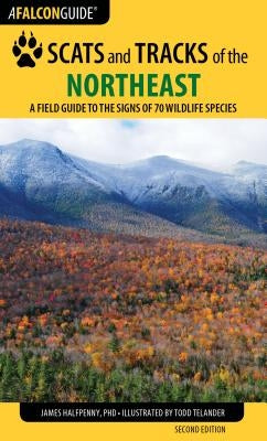Page from Falcon Press's "Scats and Tracks of the Northeast" field guide showing detailed illustrations of wildlife tracks and scat signs.