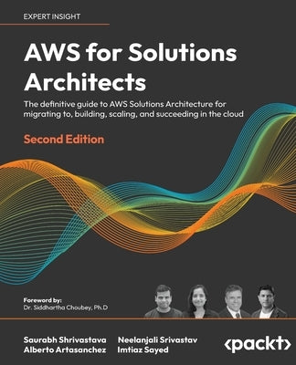 Paperback book titled "AWS for Solutions Architects" by Packt Publishing, featuring a cover with cloud and AWS architecture illustrations.