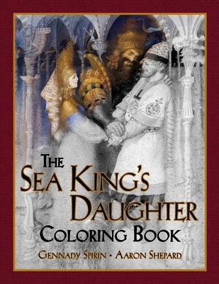 Open paperback coloring book titled The Sea King's Daughter by Skyhook Press, featuring grayscale ocean-themed illustrations.