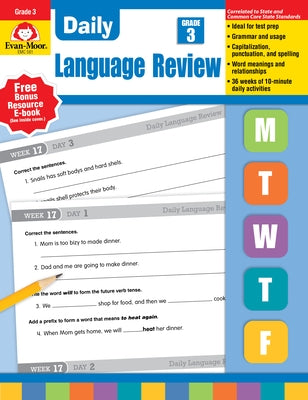 Paperback Daily Language Review Grade 3 book by Evan-Moor Educational Publishers, featuring colorful educational content on the cover.