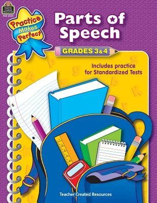 Paperback Parts of Speech Grades 3-4 educational book by Teacher Created Resources, featuring colorful pages on grammar topics.