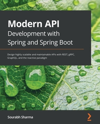 Paperback book titled "Modern API Development with Spring and Spring Boot" by Packt Publishing, featuring a cover with technical design elements.
