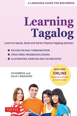 Paperback book titled "Learning Tagalog" by Tuttle Publishing, featuring Filipino language learning with flash cards and online audio.