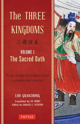 Open book showing pages of The Three Kingdoms, Volume 1 by Tuttle Publishing, featuring Chinese text and footnotes.