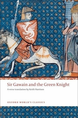 Open book of "Sir Gawain and the Green Knight" by Oxford University Press, showing illustrated pages and classic cover design.