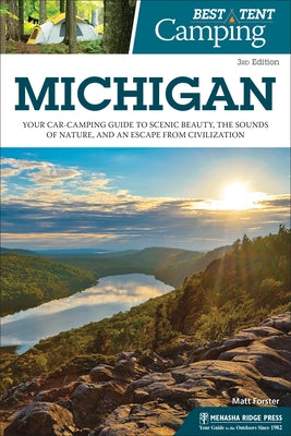 Paperback book titled "Best Tent Camping: Michigan" by Menasha Ridge Press, featuring scenic camping images on the cover.