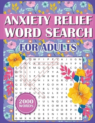 Large print anxiety relief word search book for adults by Umt Designs, featuring relaxing puzzles and inspirational word find activities.