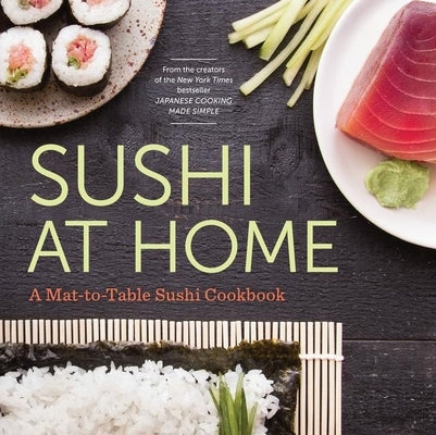 Cookbook cover for "Sushi at Home" by Rockridge Press, featuring colorful sushi rolls on a wooden table.