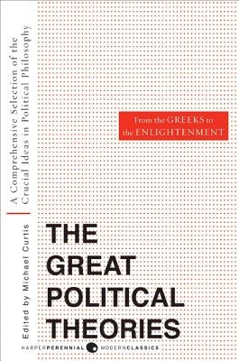 Cover of Great Political Theories Volume 1 book by Harper Perennial, featuring classic illustrations and title text on the cover.