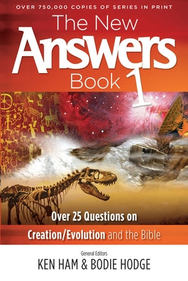 Paperback of The New Answers Book 1 by Master Books, featuring a cover with title and images related to creation, evolution, and the Bible.