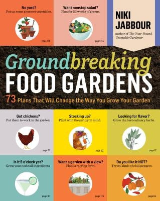 Book cover for "Groundbreaking Food Gardens" by Storey Publishing, featuring vibrant garden illustrations and bold title text.