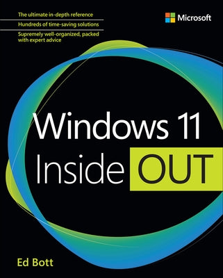 Microsoft Press Windows 11 Inside Out paperback book with cover design featuring Windows 11 branding and technical illustrations.