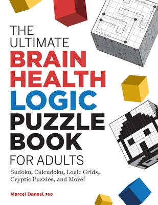 Open page of The Ultimate Brain Health Logic Puzzle Book for Adults by Rockridge Press, featuring Sudoku, Calcudoku, and cryptic puzzles.
