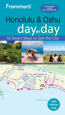Paperback travel guide titled "Frommer's Honolulu and Oahu Day by Day" by Frommermedia, showing the book cover with city images.