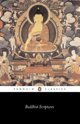 Open Buddhist Scriptures by Penguin Group showing pages with traditional Asian script and Buddhist teachings.
