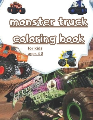 Coloring book featuring monster trucks for kids, with over 30 truck designs, ideal for children ages 4 and up.