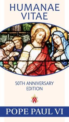 Open copy of Humanae Vitae 50th Anniversary Edition by Our Sunday Visitor, featuring the book cover with gold accents and title text.