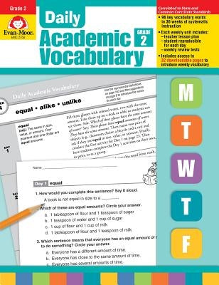 Paperback Daily Academic Vocabulary Grade 2 book by Evan-Moor Educational Publishers with transparent overlays for classroom use.