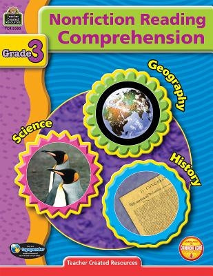Paperback Nonfiction Reading Comprehension Grade 3 book by Teacher Created Resources with colorful cover and sample pages visible.