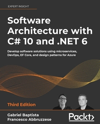 Paperback book titled "Software Architecture with C# 10 and .NET 6" by Packt Publishing, showing the cover with technical graphics.