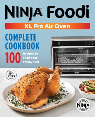 Ninja Foodi XL Pro Air Oven cookbook by Rockridge Press showing a colorful open recipe book with food images.