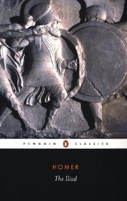 Open copy of The Iliad book by Penguin Group, featuring classic cover design and pages visible.