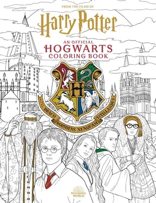 Open paperback Harry Potter Hogwarts Coloring Book by Insight Editions with illustrated pages and magical designs.