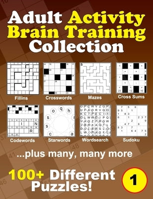 Paperback adult brain training puzzle collection featuring colorful puzzle pages and brain teasers for relaxing mental exercise.