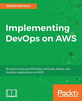 Paperback book titled "Implementing DevOps on AWS" by Packt Publishing, featuring a cover with cloud and gear illustrations.