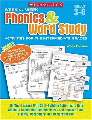 Paperback book titled "Week-By-Week Phonics & Word Study Activities" by Scholastic Teaching Resources, with colorful activity pages.