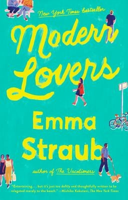 Cover of the paperback "Modern Lovers" novel by Riverhead Books featuring an abstract colorful design.