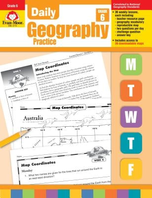 Sixth grade geography practice book by Evan-Moor with transparencies, featuring colorful maps and exercises for daily learning.