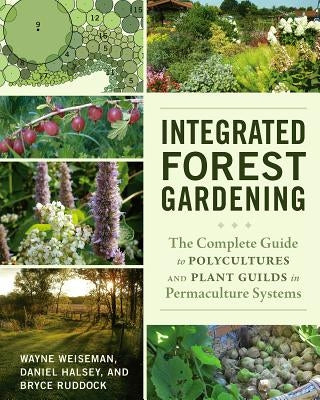 Open book showing colorful illustrations and diagrams on forest gardening, polycultures, and plant guilds from Chelsea Green Publishing.