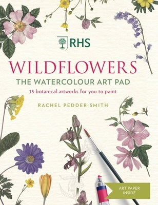 Paperback Rhs Wildflowers Watercolour Art Pad featuring 15 botanical artworks for painting, with vibrant floral illustrations.