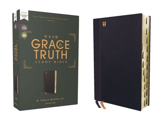 Zondervan Nasb Grace and Truth Study Bible in Navy Leathersoft, red letter, thumb indexed, comfort print, 1995 text edition.