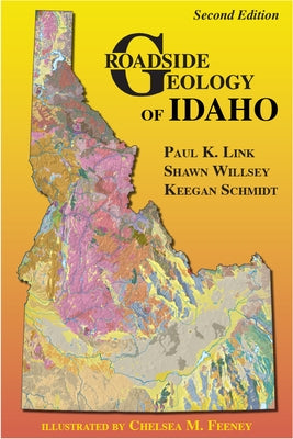 Paperback book titled "Roadside Geology of Idaho" by Mountain Press, featuring geological maps and scenic Idaho landscapes.