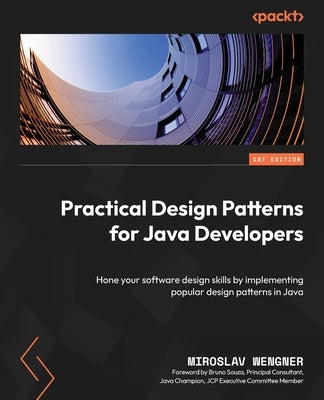 Paperback book titled "Practical Design Patterns for Java Developers" by Packt Publishing, showing the cover with design pattern illustrations.