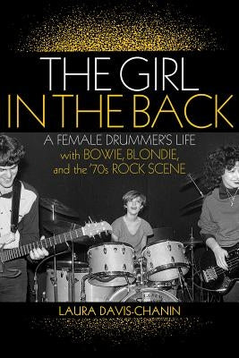 Female drummer playing drums with rock band setup, inspired by '70s rock scene and iconic musicians, in a vibrant music studio.