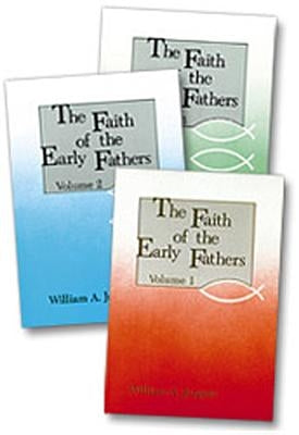 Three-volume boxed set of "The Faith of the Early Fathers" by Liturgical Press, featuring classic religious writings in sturdy packaging.