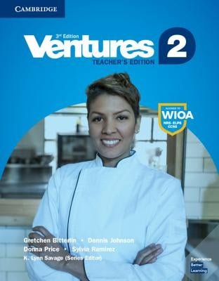 Cambridge University Press Ventures Level 2 Teacher's Edition paperback book with educational content and teacher resources.