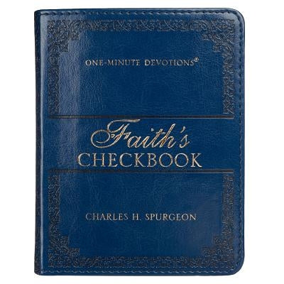 Blue imitation leather Faith's Checkbook by Christian Art Gifts featuring gold foil accents and a decorative Christian-themed design.